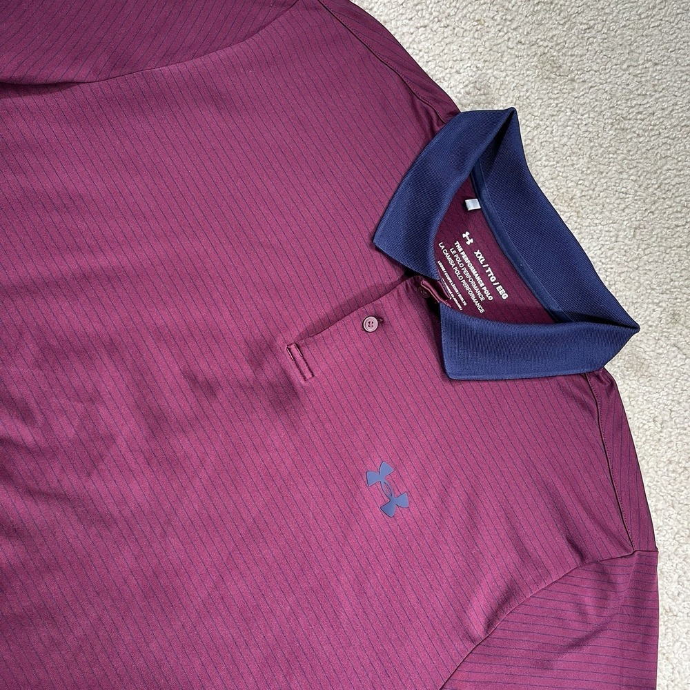 Under Armour Performance Polo Shirt Men's 2XL Burgundy Navy Stripe Loose Fit EUC